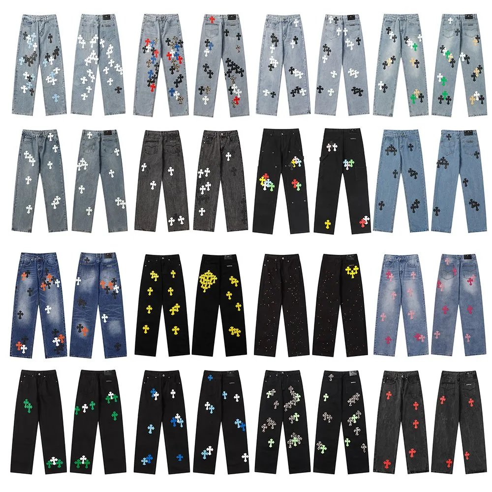 Cross Embroidered Denim Pants Fashion Streetwear Jeans