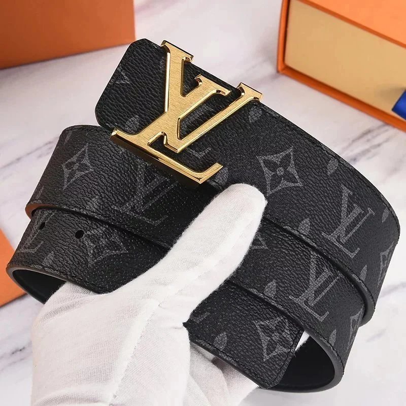 LV Monogram Leather Belt with Gold Tone Buckle