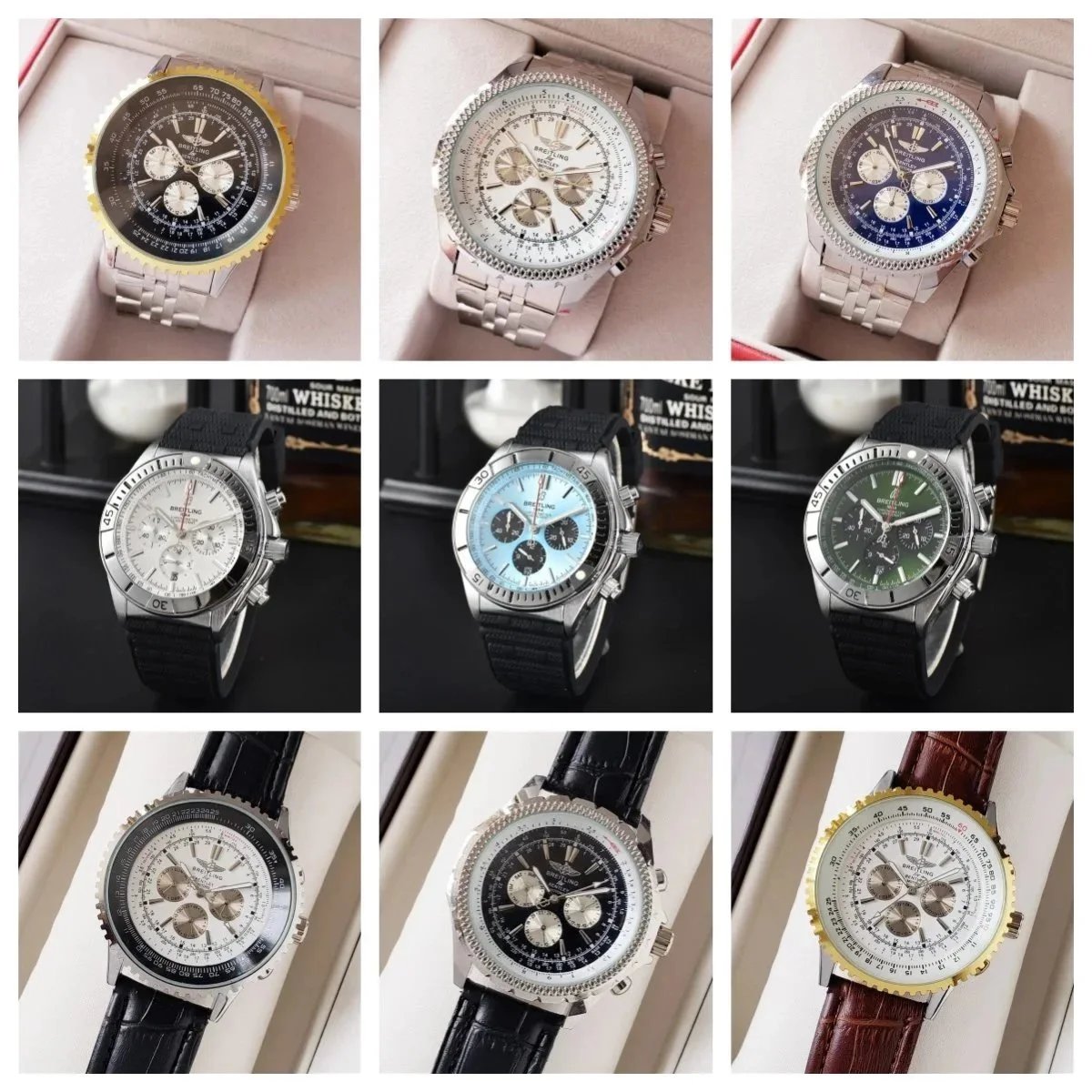 Breitling Chronograph Watch Men Luxury Steel Strap Timepiece