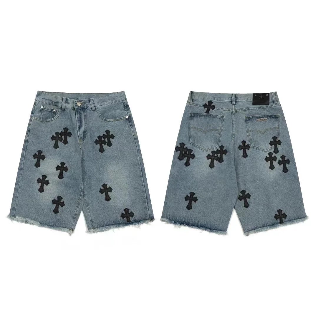 Denim Shorts with Black Cross Patches