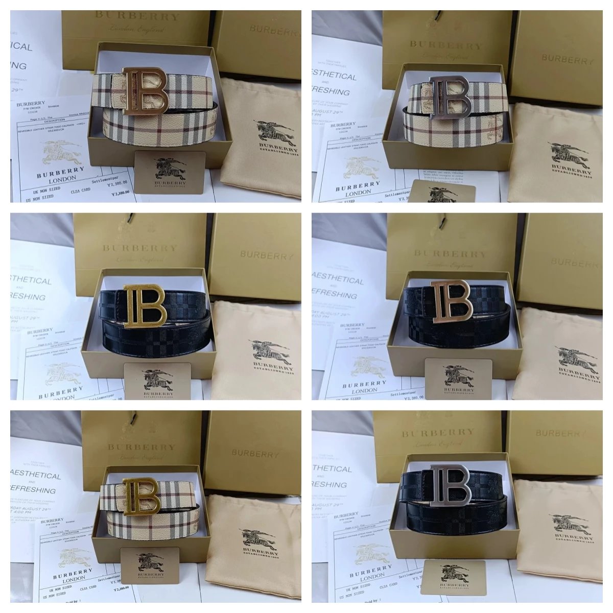 Burberry Check Belt with B Logo Buckle