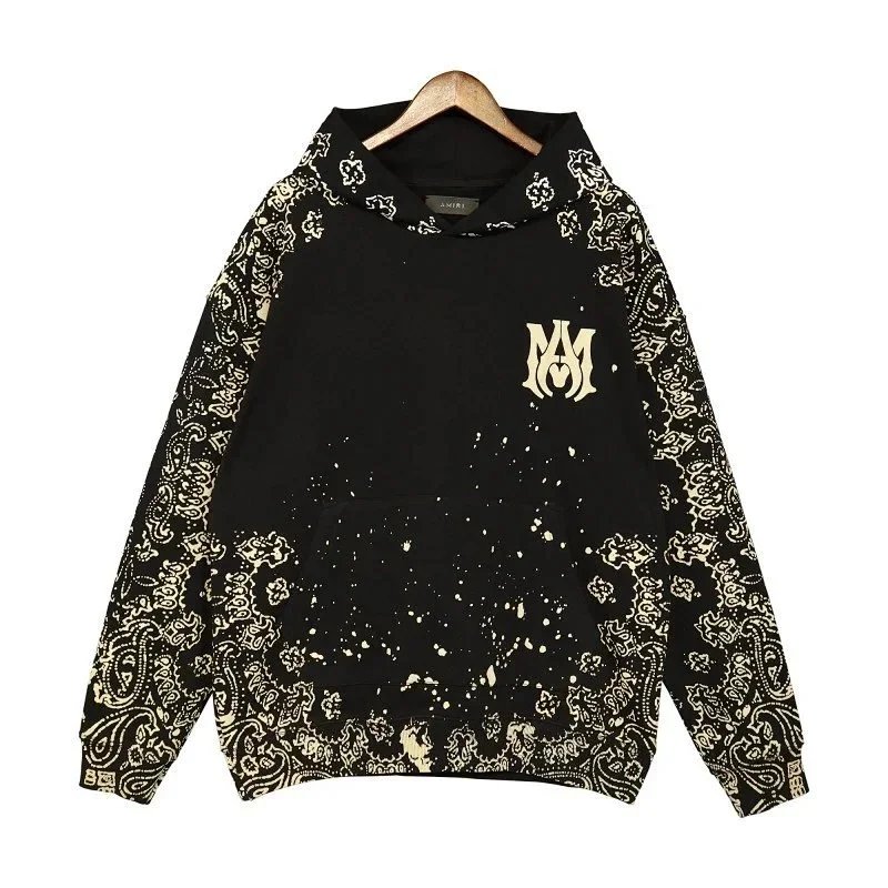 AMIRI Black Gold Logo Hoodie with Bandana Print