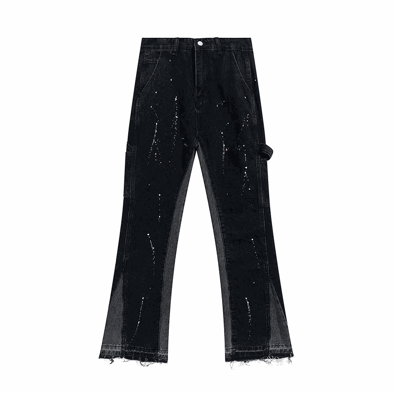 Black Distressed Denim Pants with Ripped Details and Flared Legs