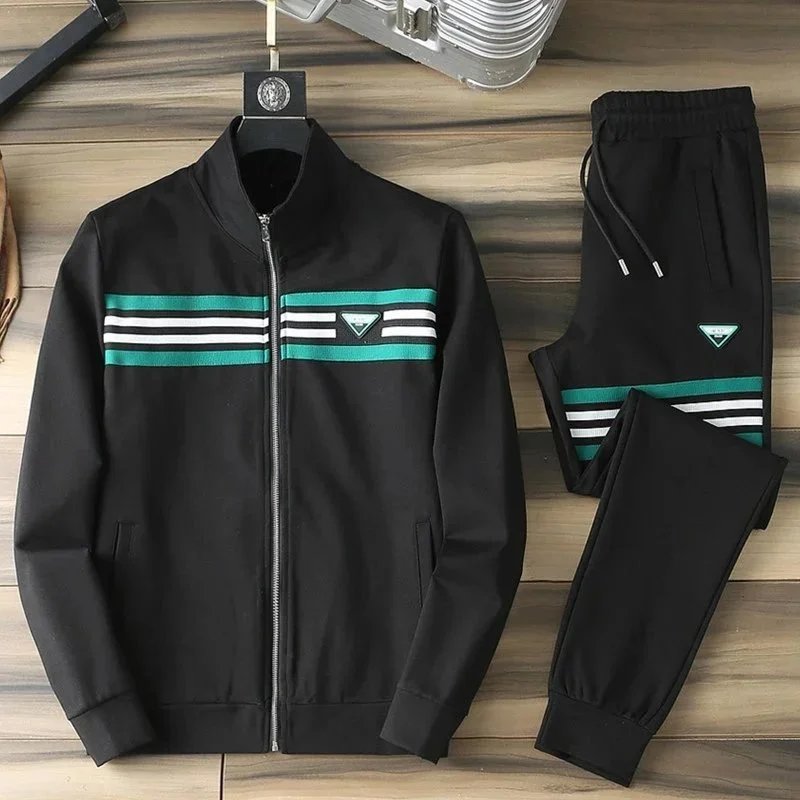 Men's Black Track Suit with Green and White Stripes