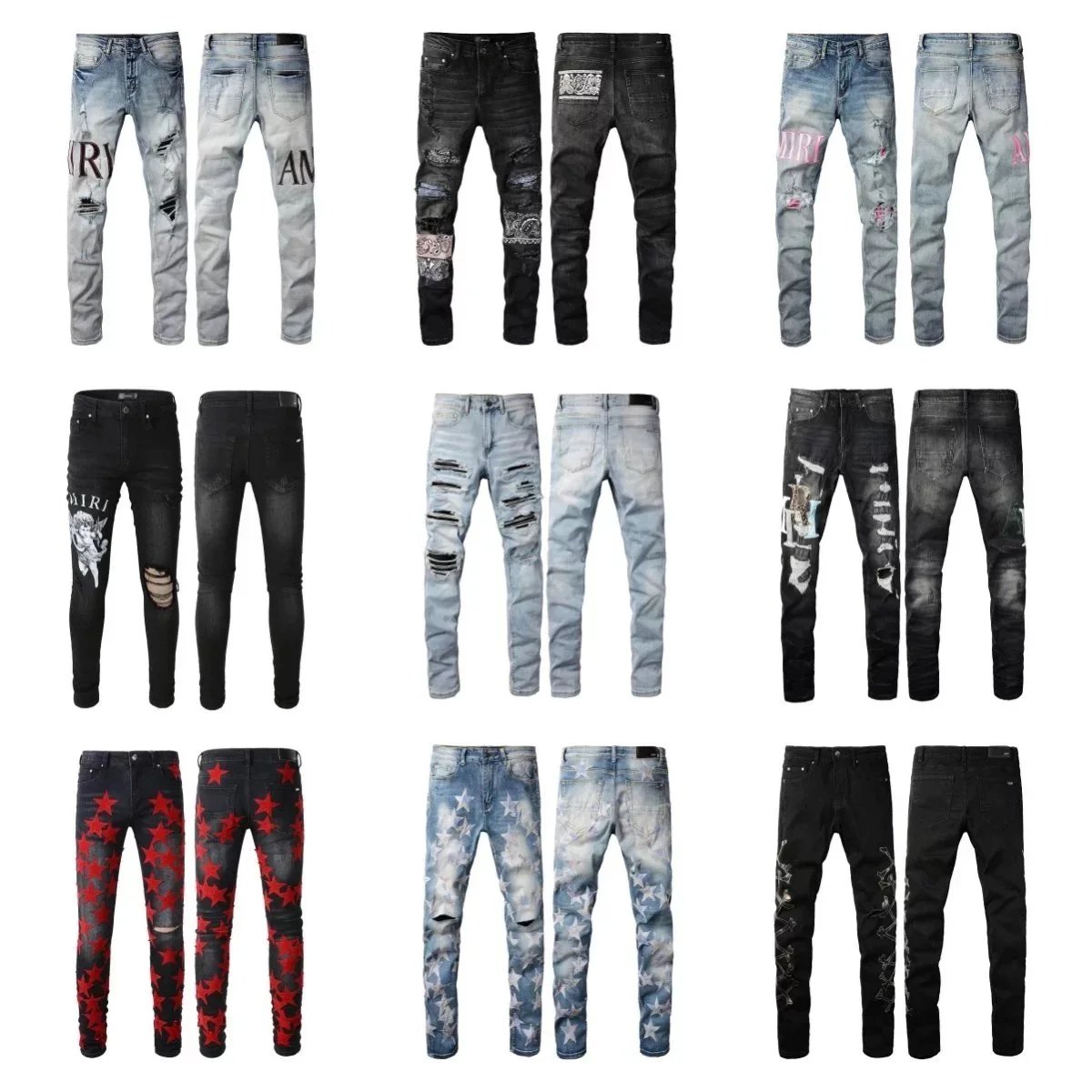 Men's Fashion Distressed Ripped Jeans with Patches and Stars Design