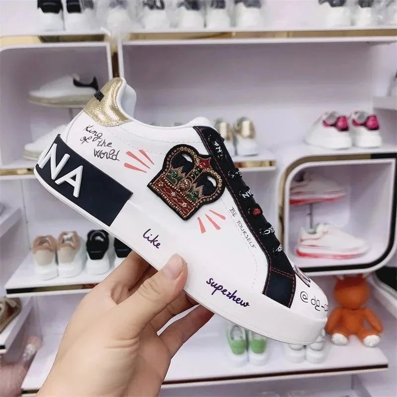 Dolce & Gabbana White Sneakers with Crown Embroidery and Logo