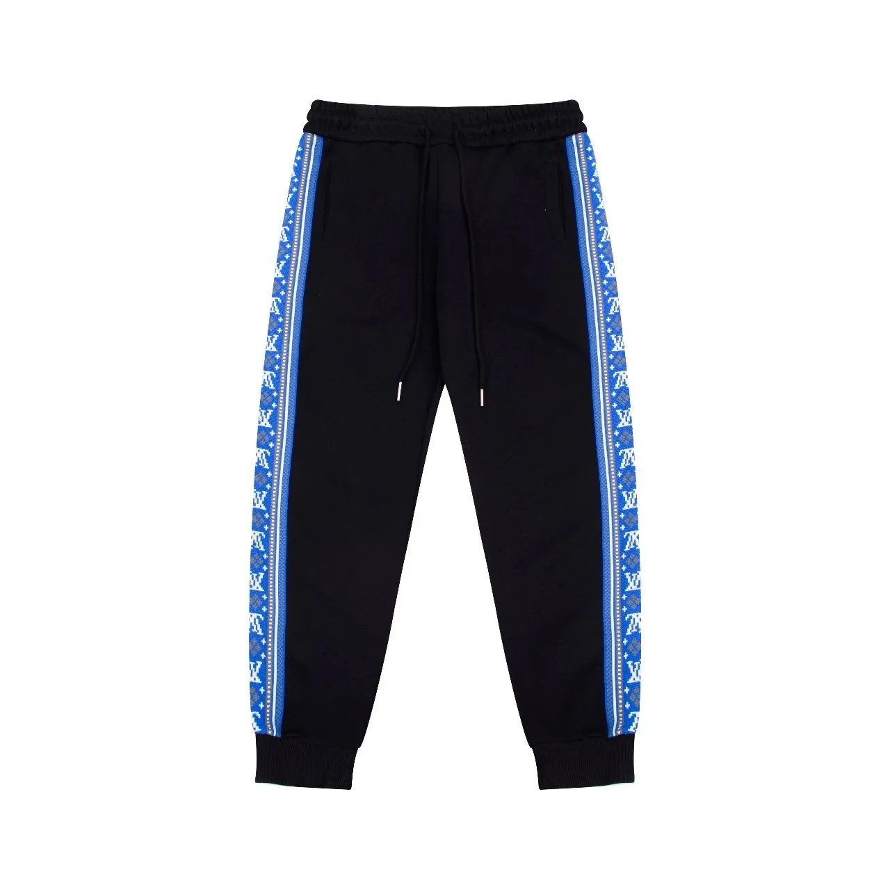 LV Monogram Track Pants Black Blue Side Stripe Joggers