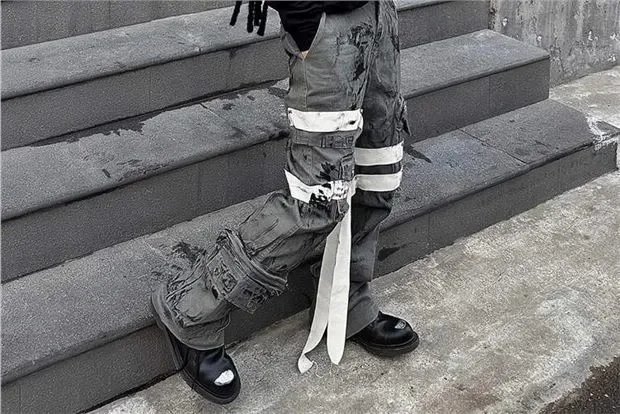 Ripped Cargo Pants with White Straps and Tactical Design