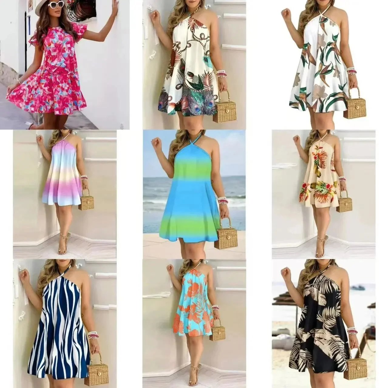Summer Floral Print Halter Neck Dress Women Beachwear