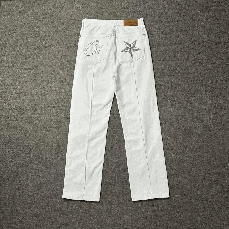 White Embroidered Star Logo Pants Men's Fashion Denim Jeans