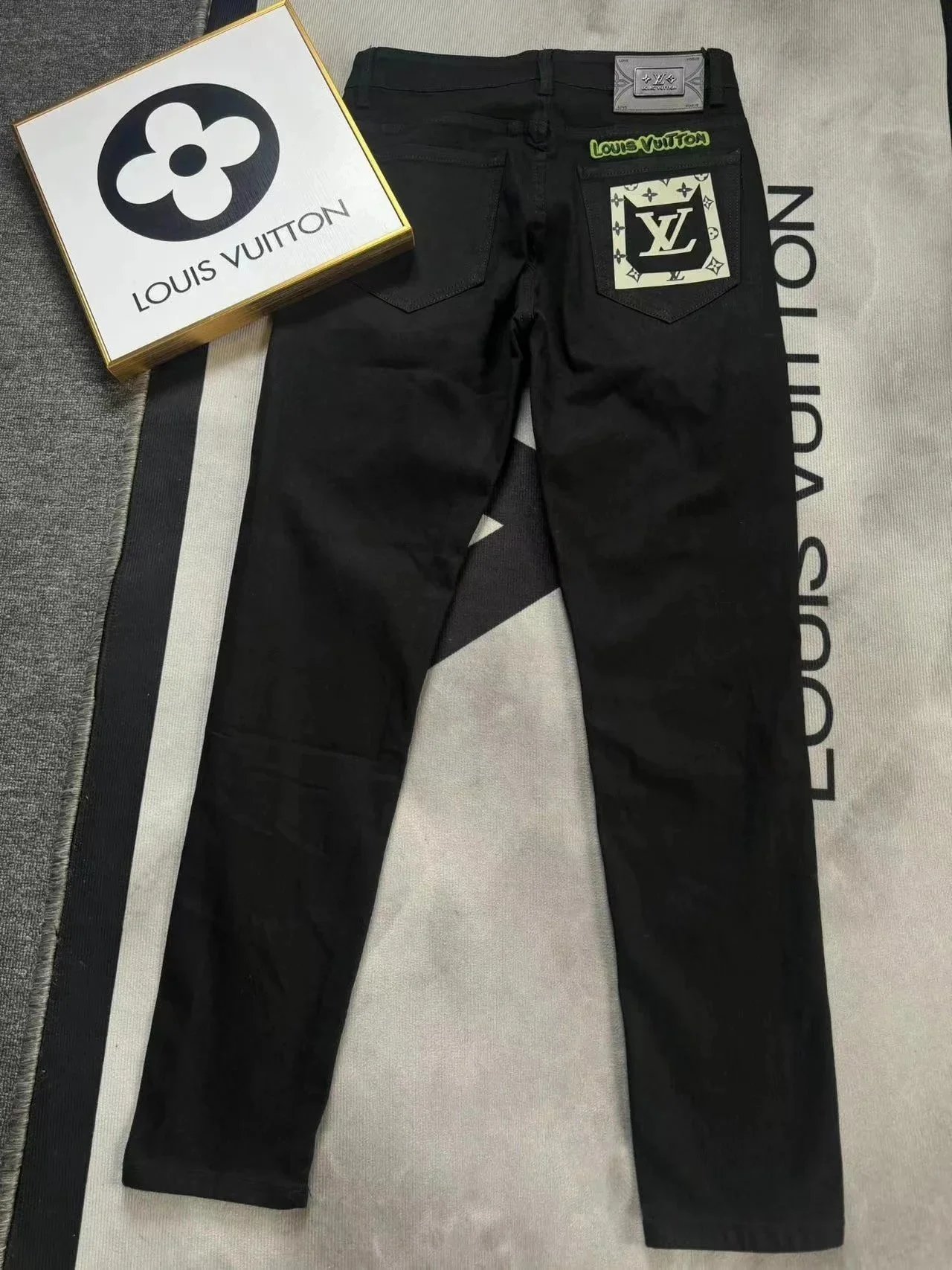Louis Vuitton Black Denim Jeans with Monogram Patch