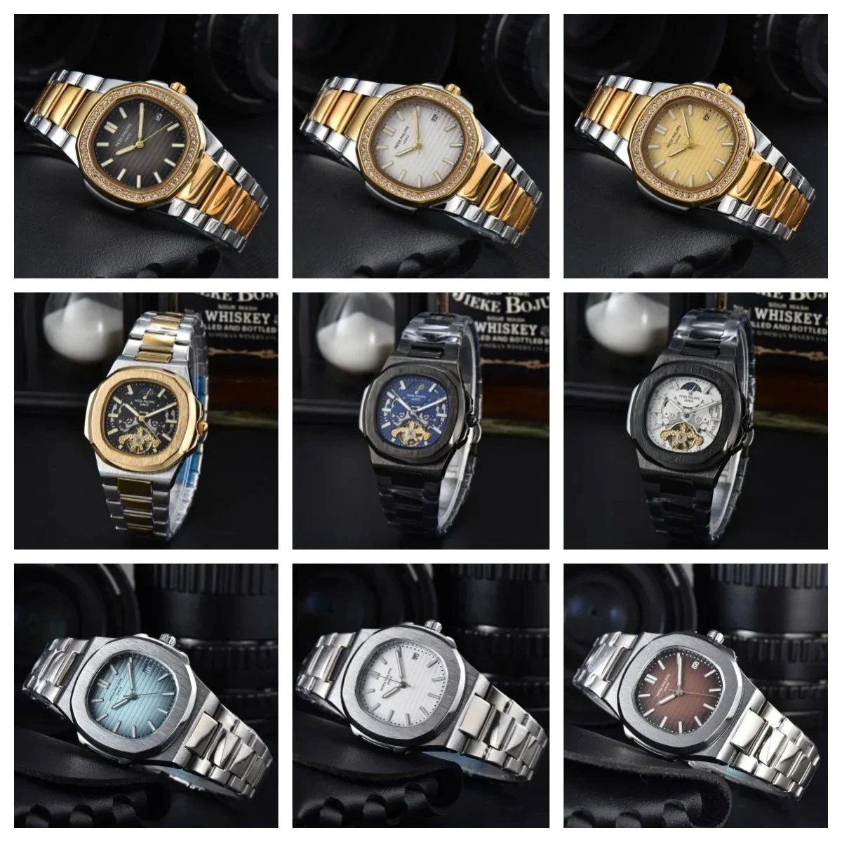 Elegant Men's Stainless Steel Watch with Diamond Bezel and Skeleton Dial