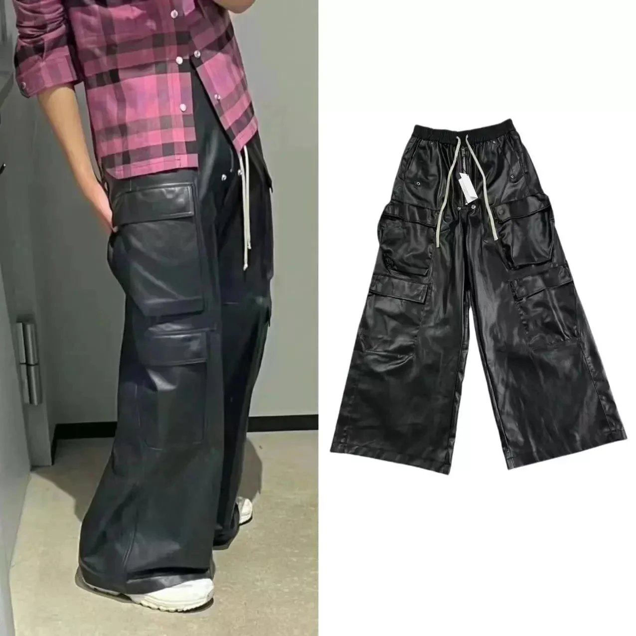 Black PU Leather Cargo Pants Wide Leg Drawstring Waist