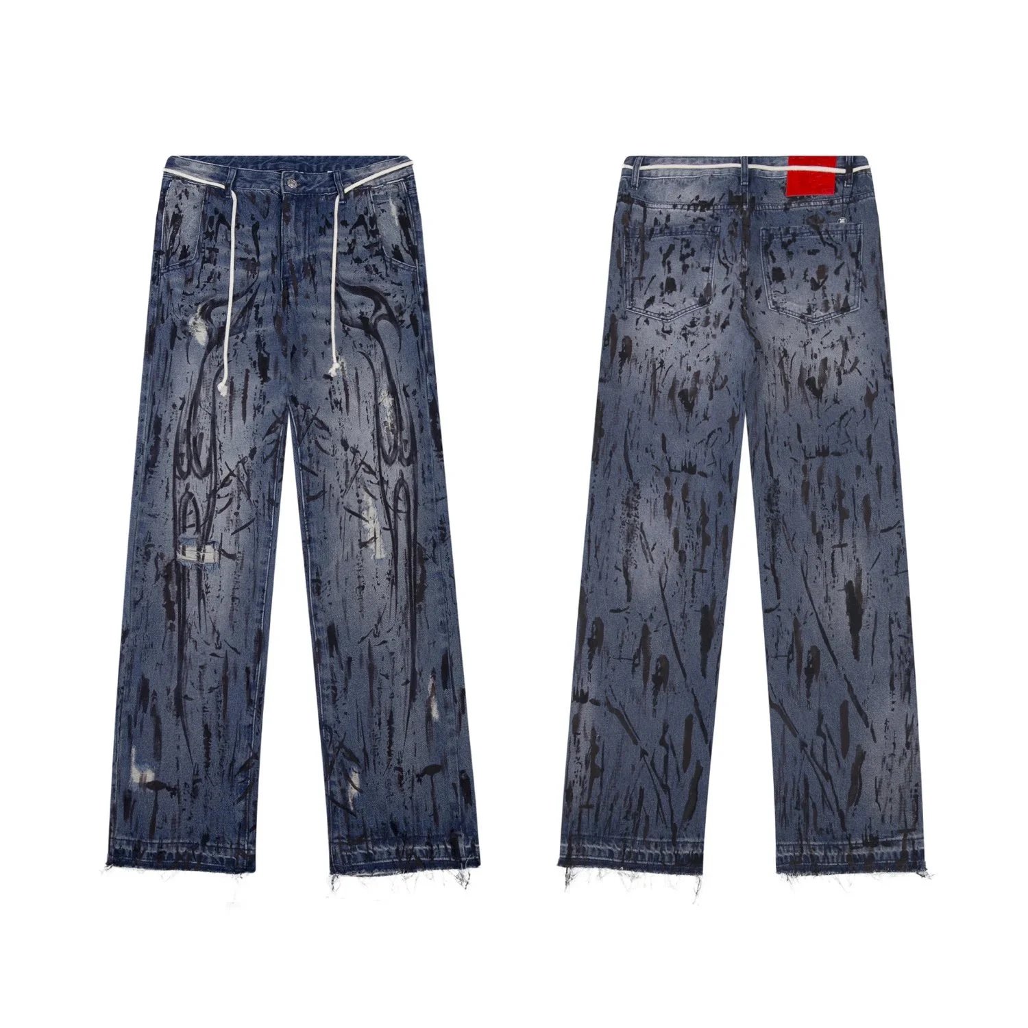 Distressed Paint Splatter Denim Pants with Drawstring Waist