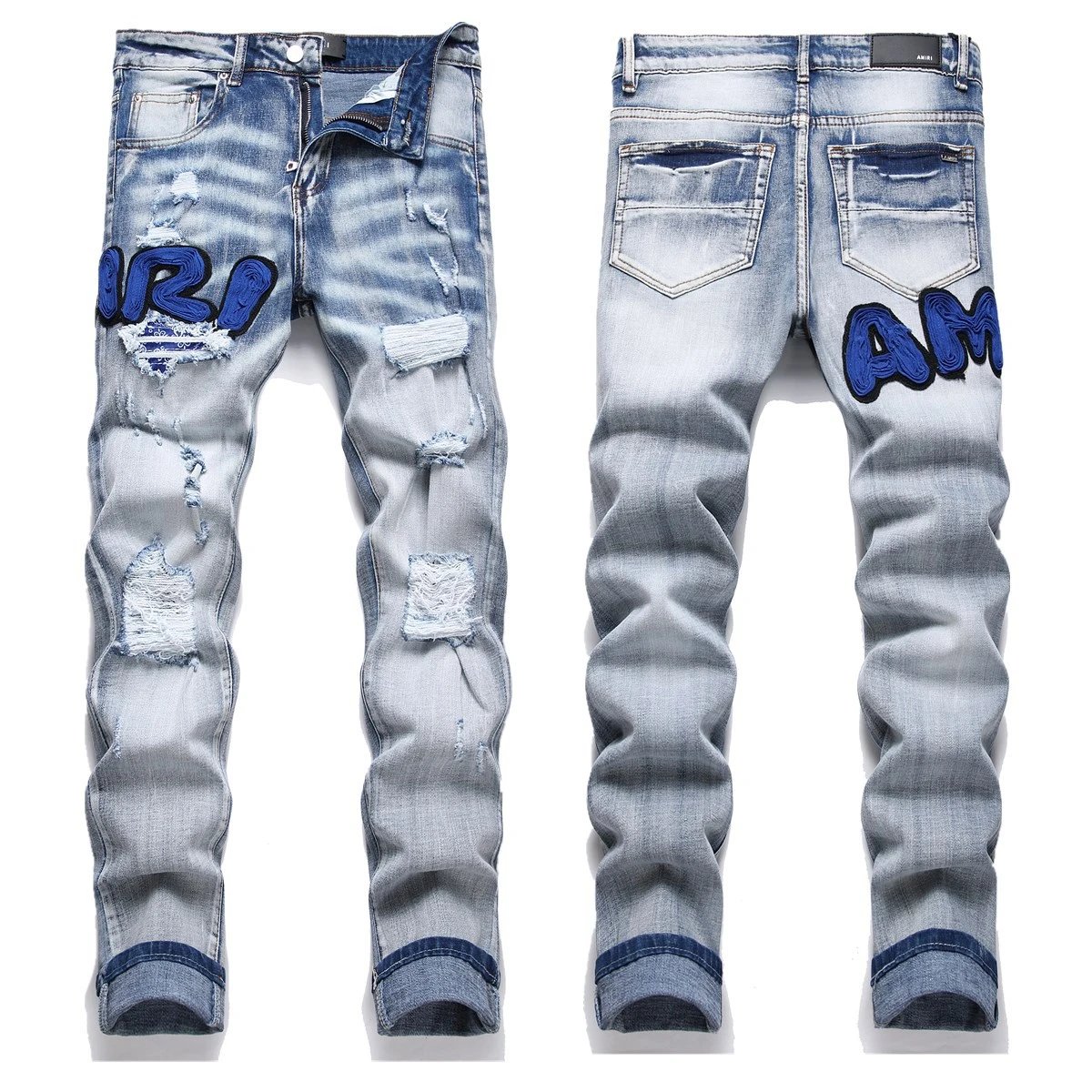 AMRI Ripped Distressed Denim Jeans for Men Blue Embroidered Logo