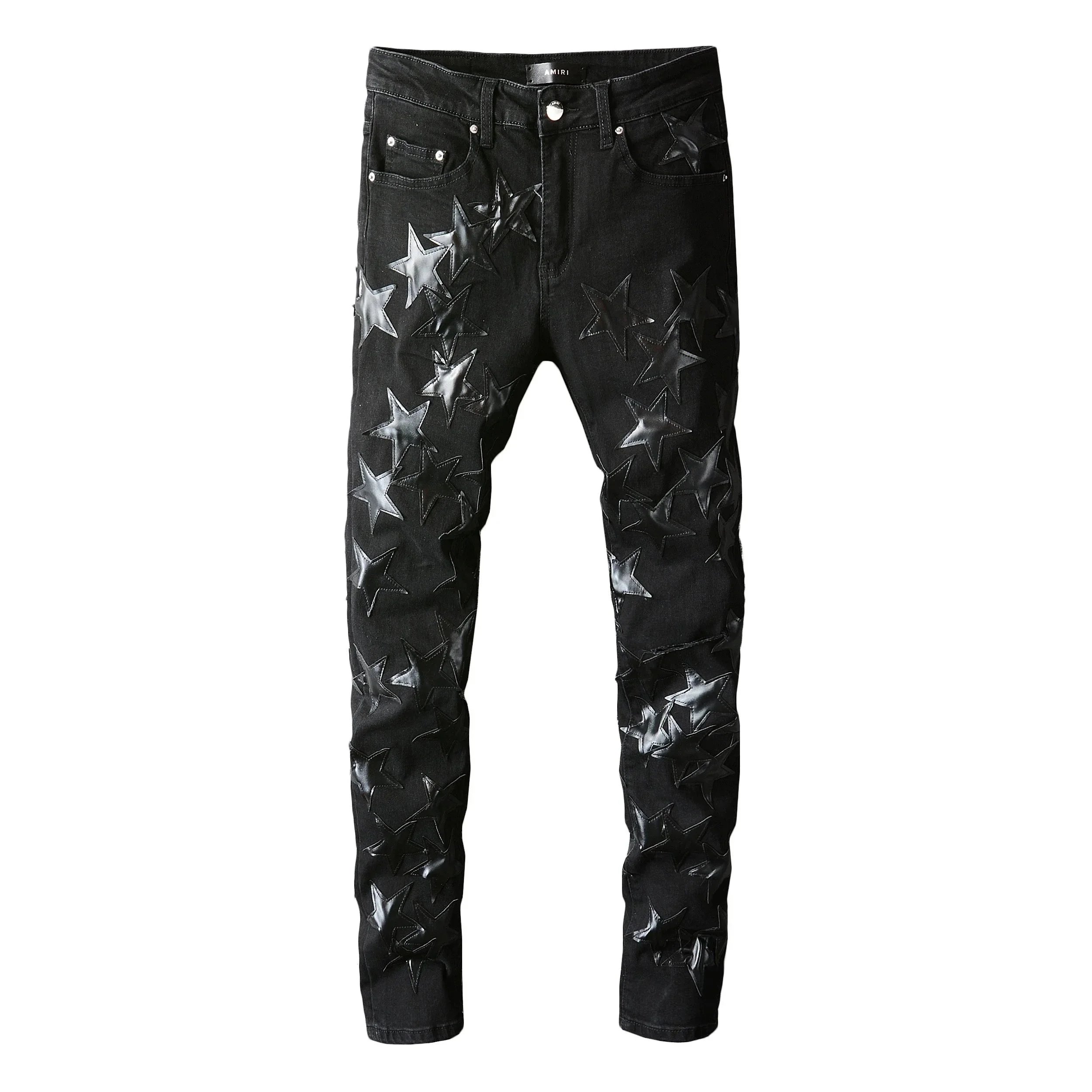 Black Star Embroidered Skinny Jeans for Men Fashion Denim Pants