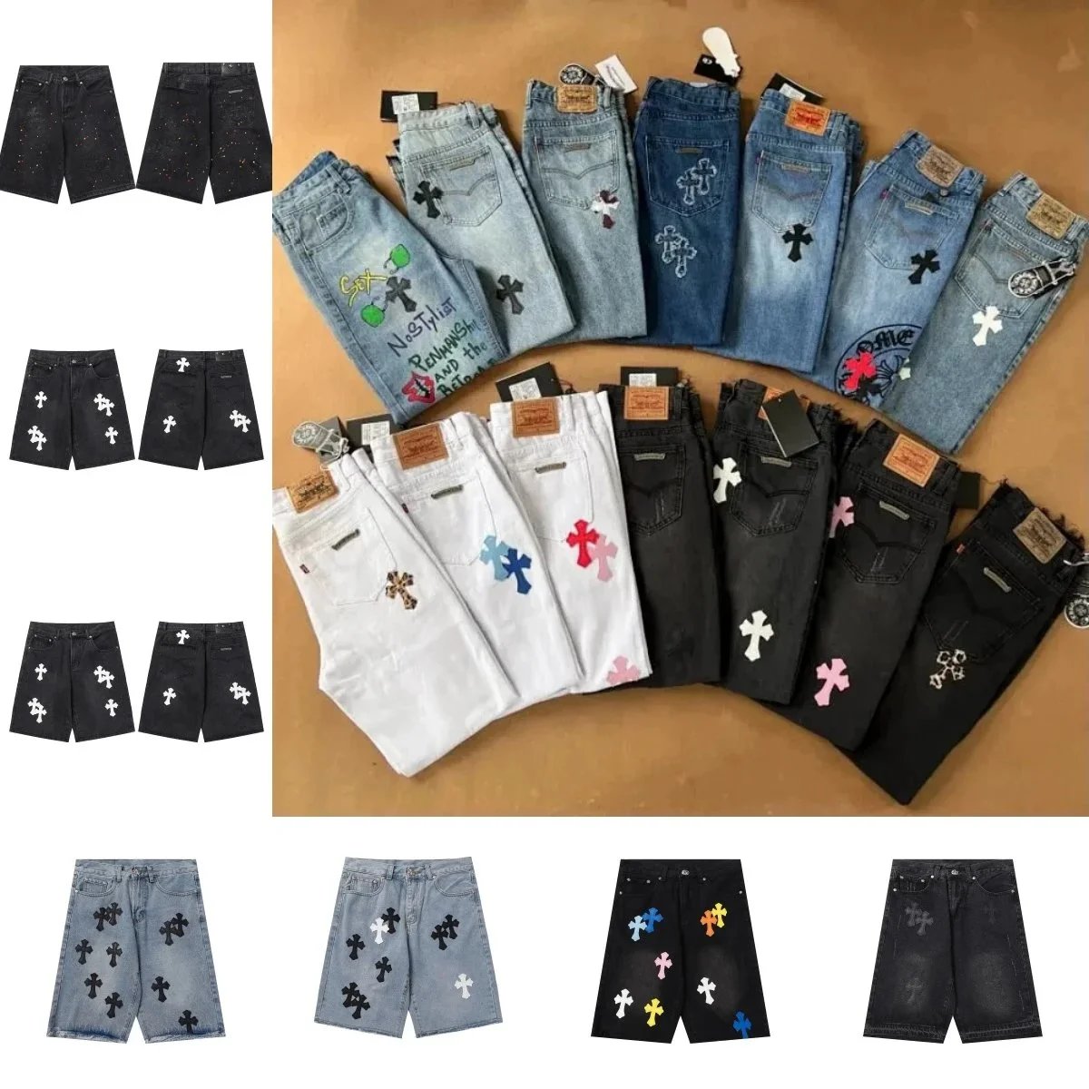 Cross Embroidered Denim Shorts for Men and Women