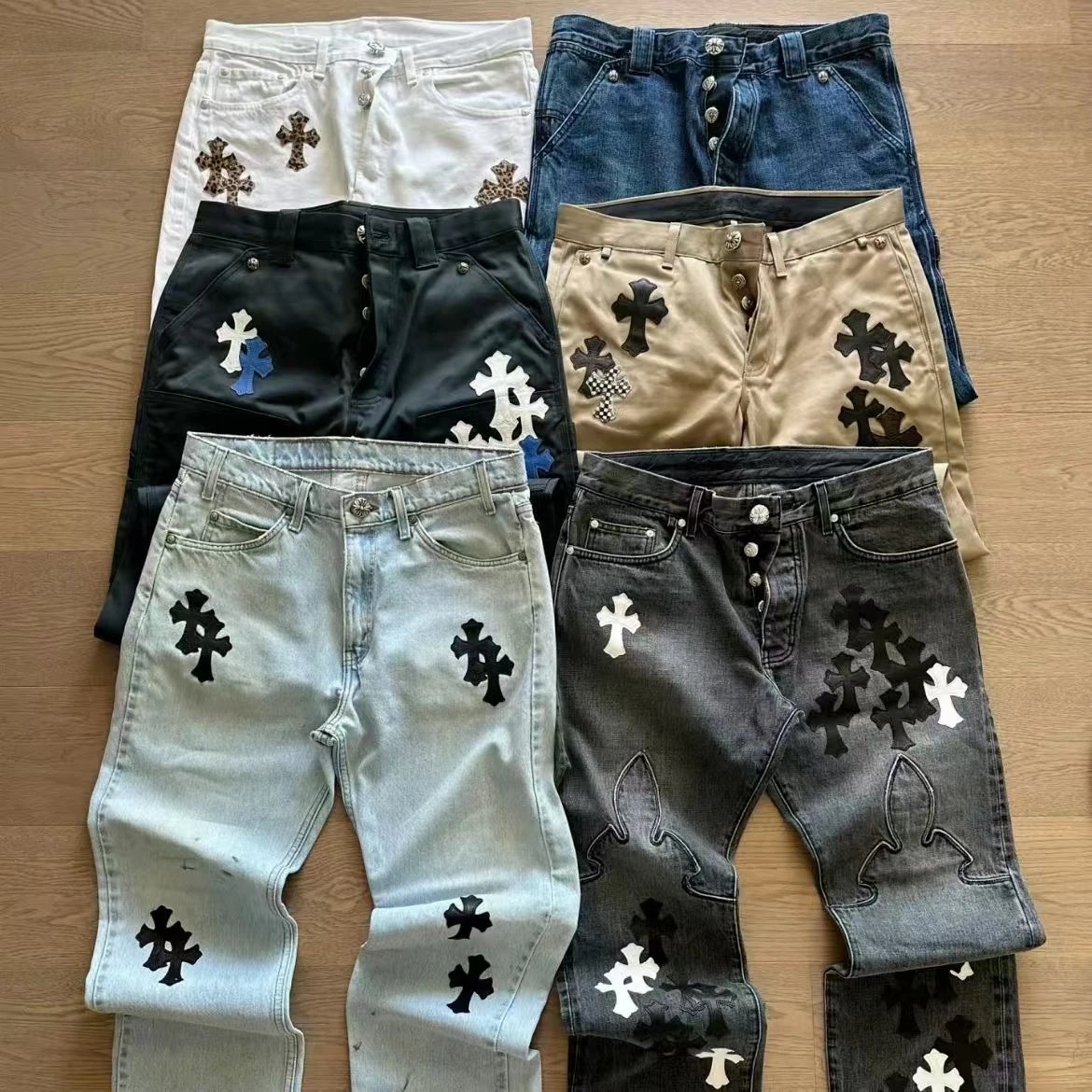 Cross Embroidered Denim Pants for Men Fashion Streetwear