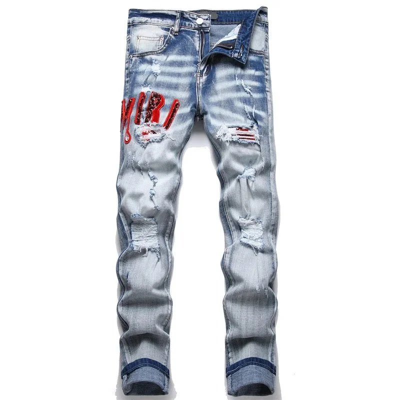 Ripped Denim Jeans with Red Logo for Men