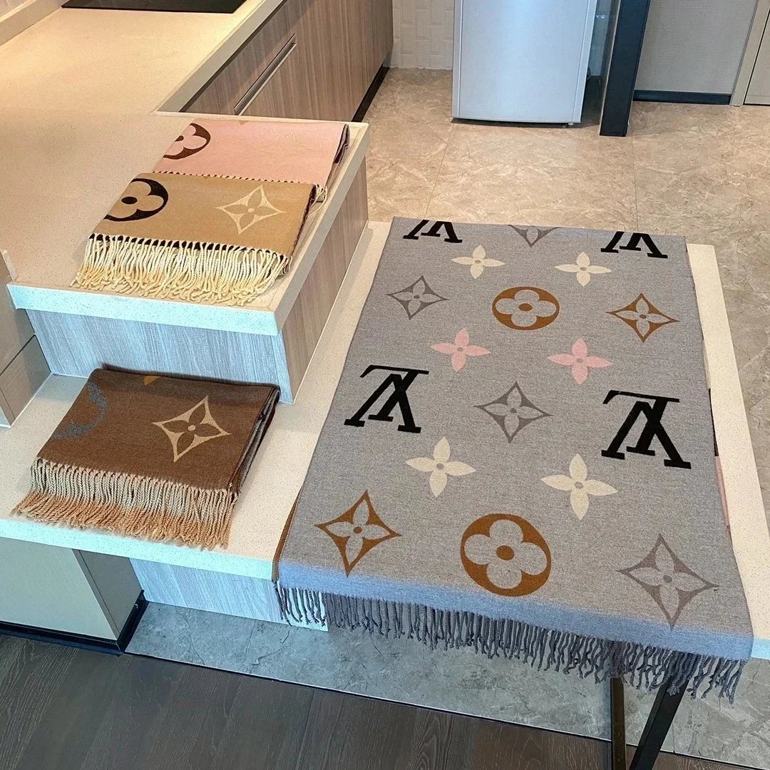 Luxury Monogram Pattern Wool Scarf with Fringe Details