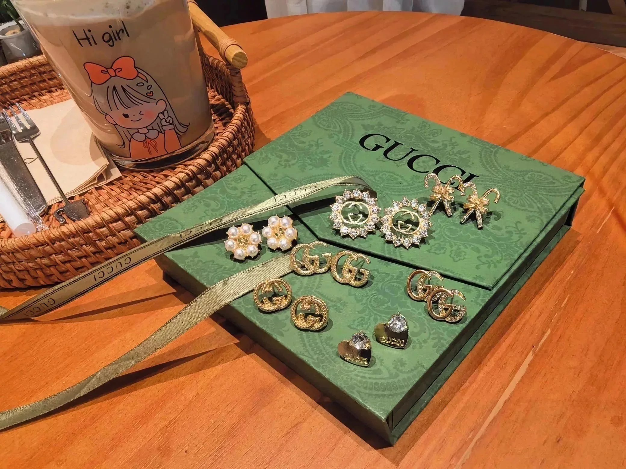 Gucci Gold and Crystal Earrings Set with GG Logo and Pearl Design