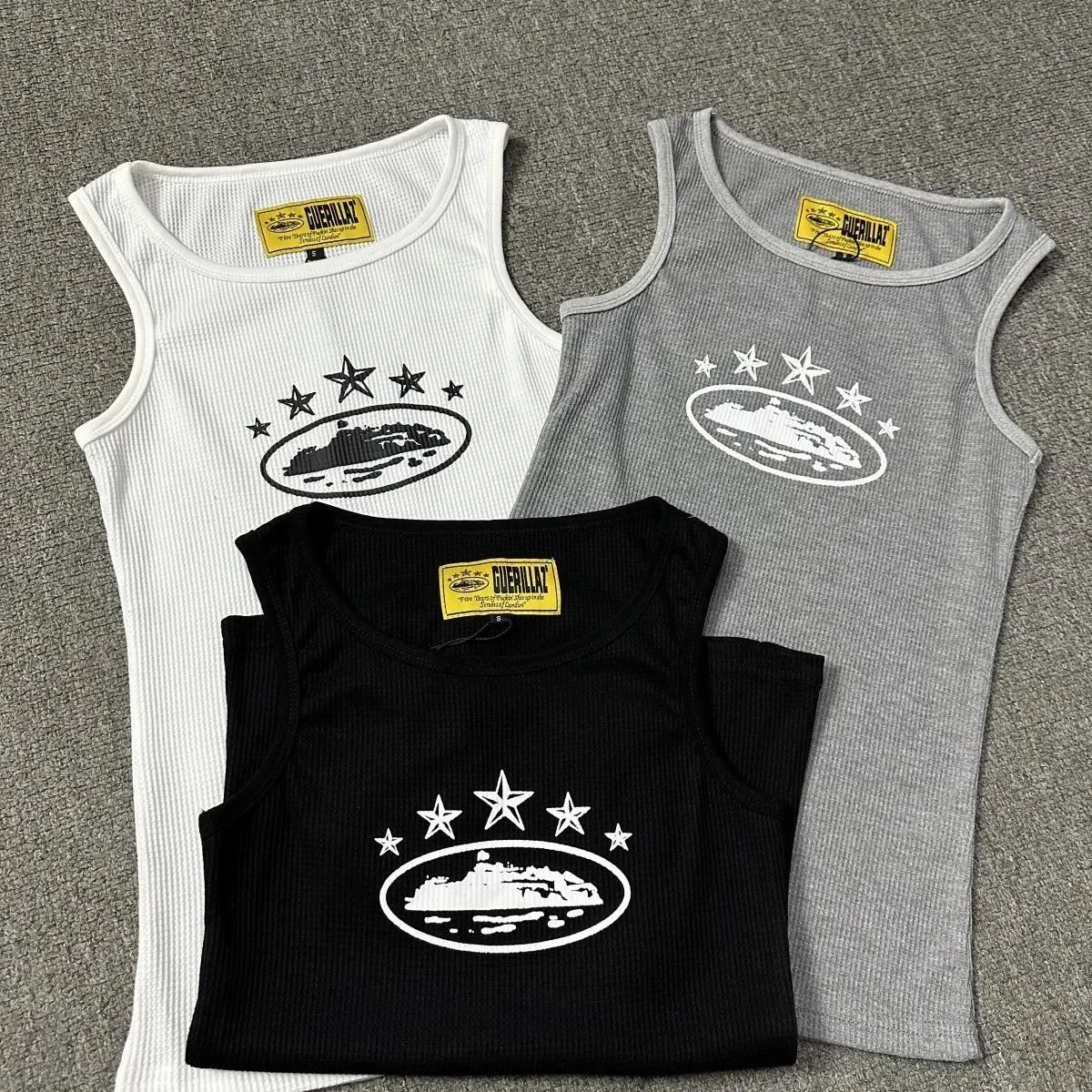 Guerillaz Star Logo Ribbed Tank Top - White, Grey, Black