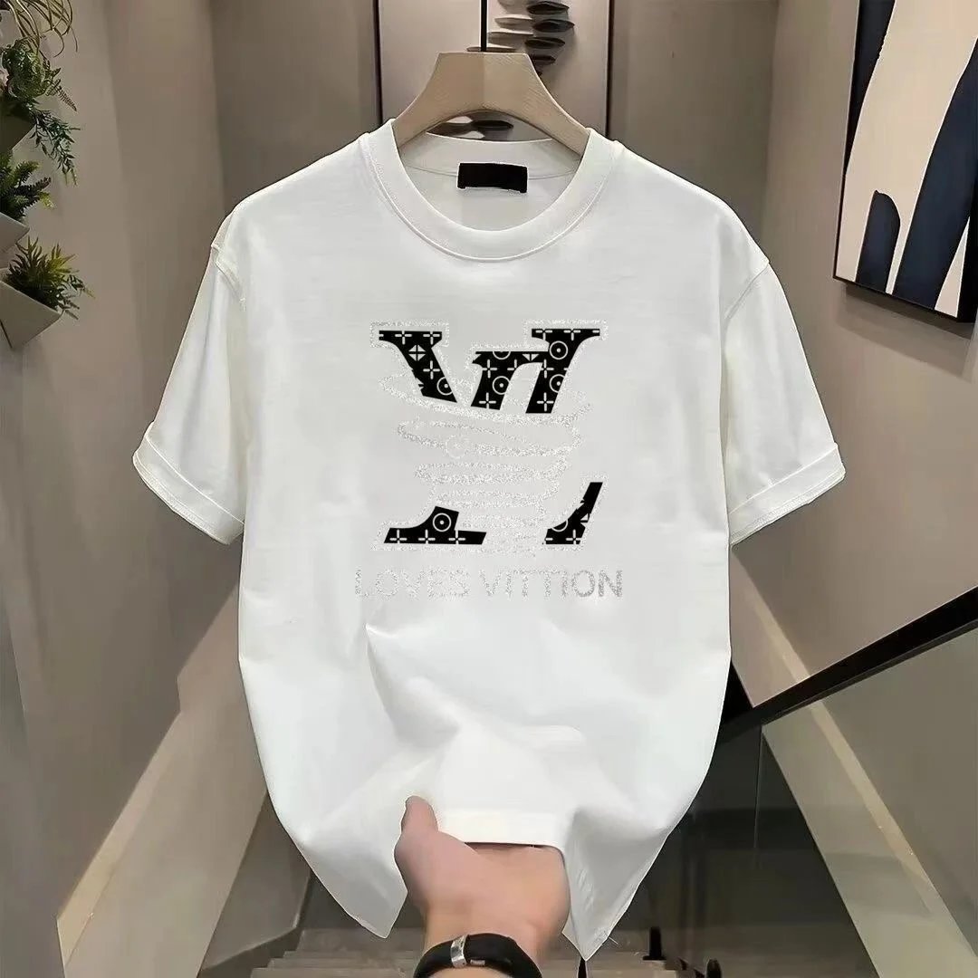 White LV Logo Print T-Shirt for Men Fashion Casual Summer Top