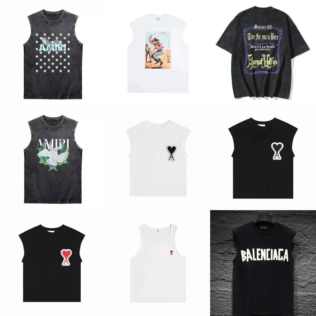 Balenciaga Sleeveless T-Shirt Black Logo Print Men's Fashion