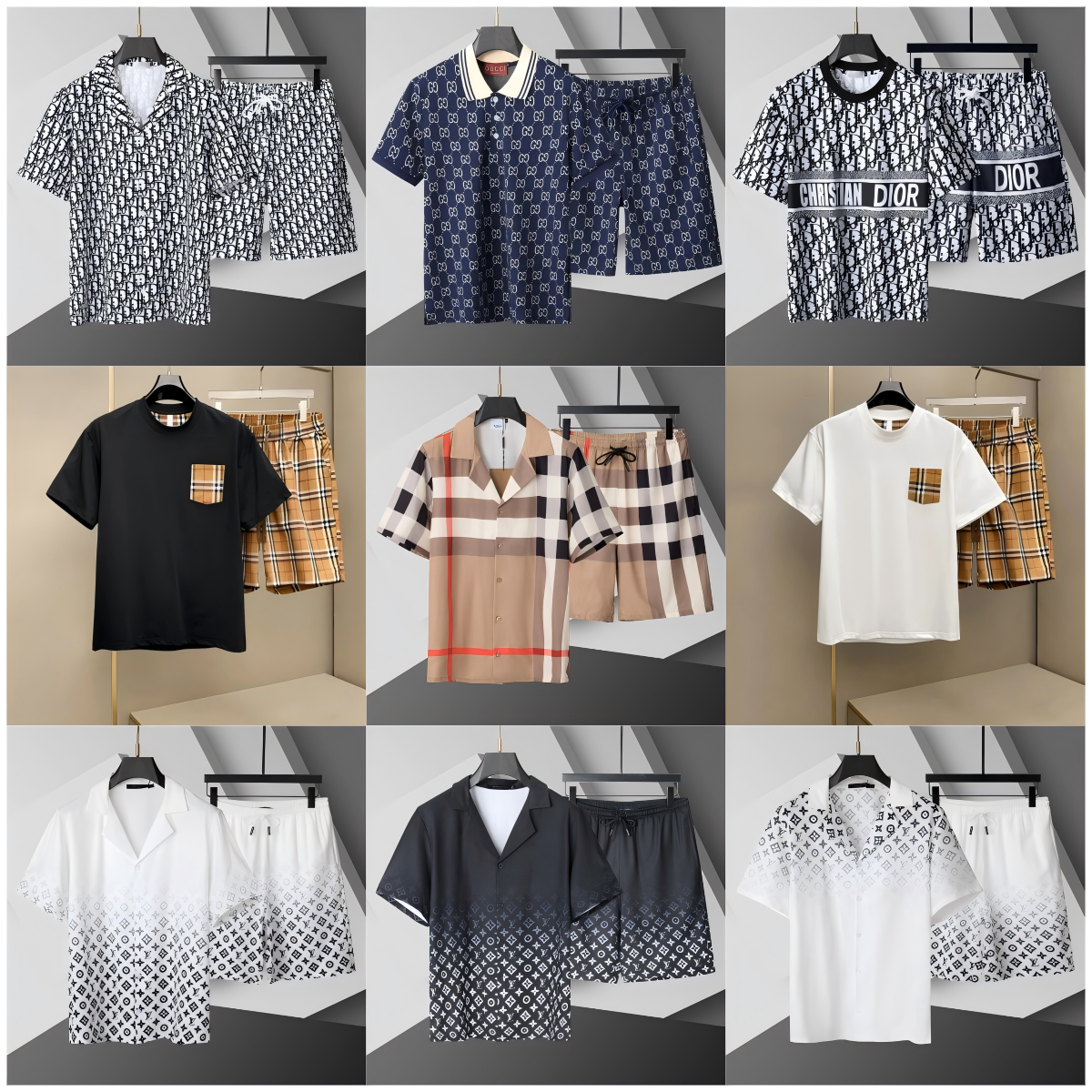 Men's Fashionable Dior Logo Print Pajama Sets Short Sleeve Shirt and Shorts
