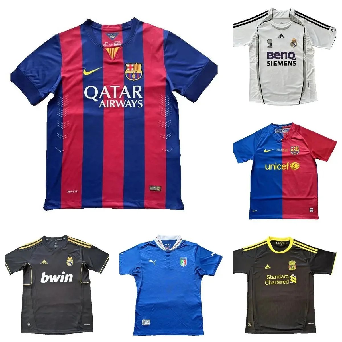 Official Football Club Jerseys from Barcelona, Real Madrid, Liverpool and Italy