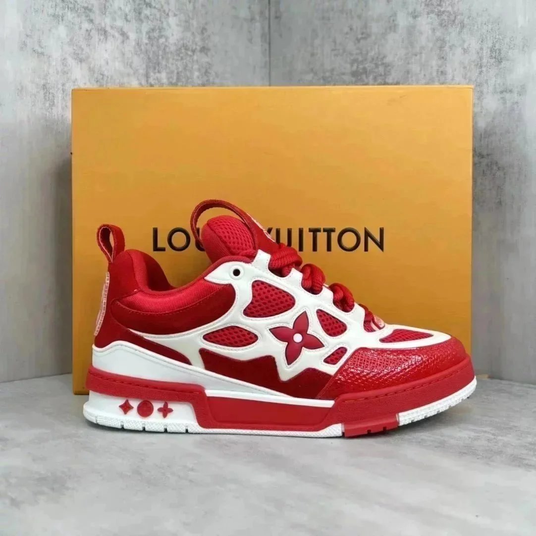 Louis Vuitton Red and White Sneakers with Monogram Design