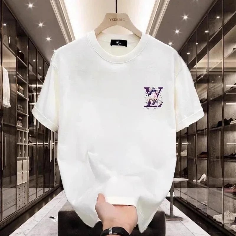 White T-Shirt with Purple LV Logo Design for Men
