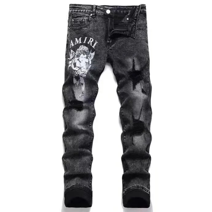 AMIRI Black Distressed Jeans with Angel Print