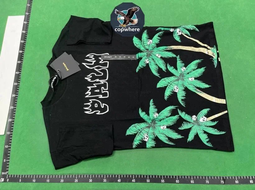 Black T-Shirt with Palm Trees and Skulls Design