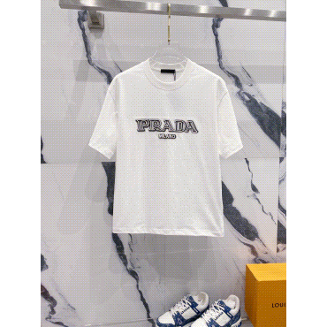 Prada Logo Print White T-Shirt Men's Fashion Casual Top