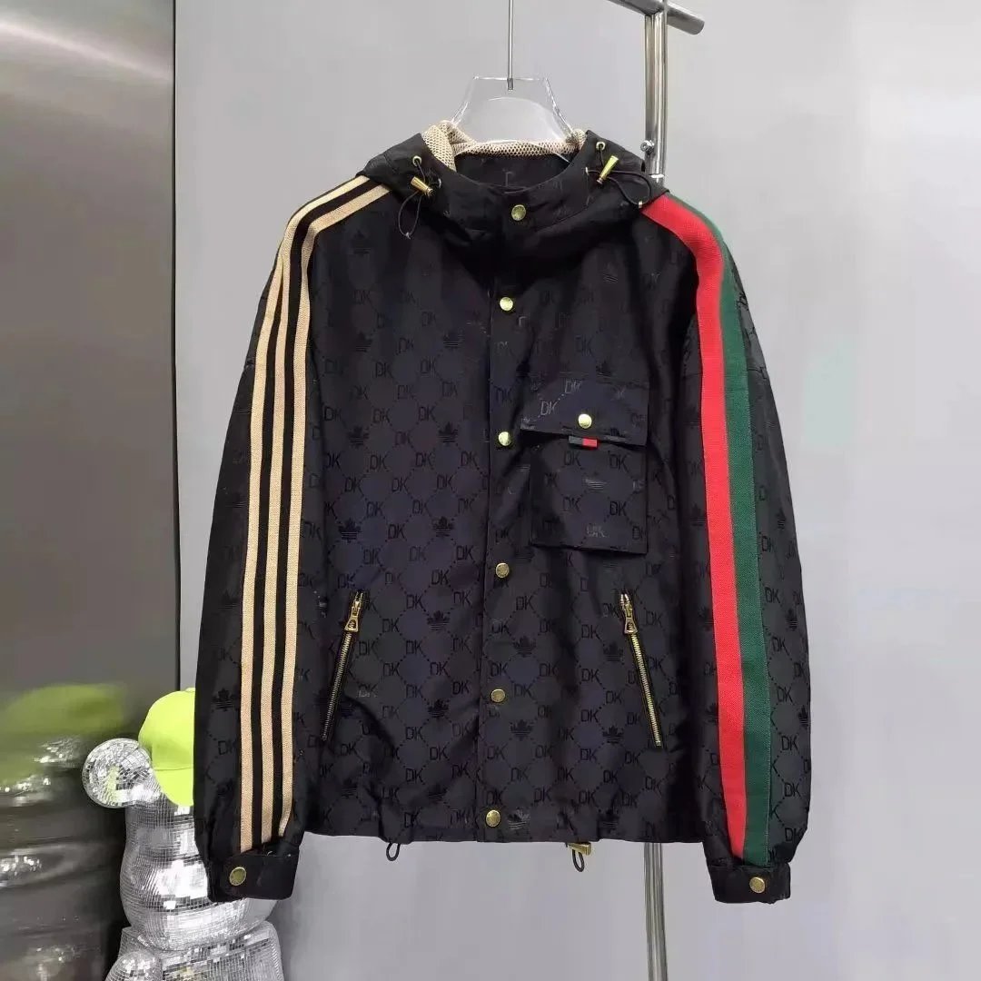 DK Logo Print Hooded Jacket with Striped Sleeves