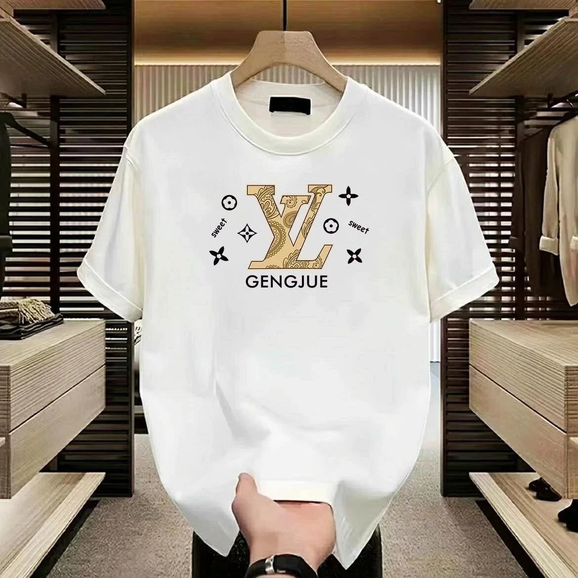 White Printed T-Shirt with LV Style Logo and Sweet Design