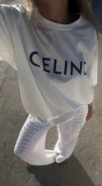 Celine Logo Print White T-Shirt Women Oversized Casual Top