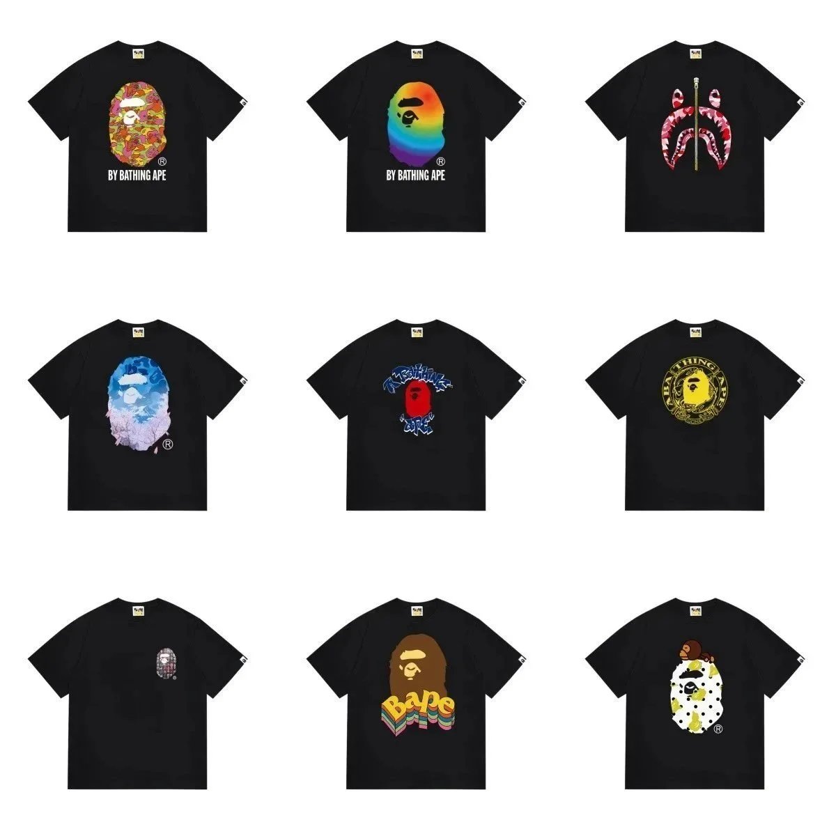 BAPE Black T-Shirts with Colorful Ape Head Designs