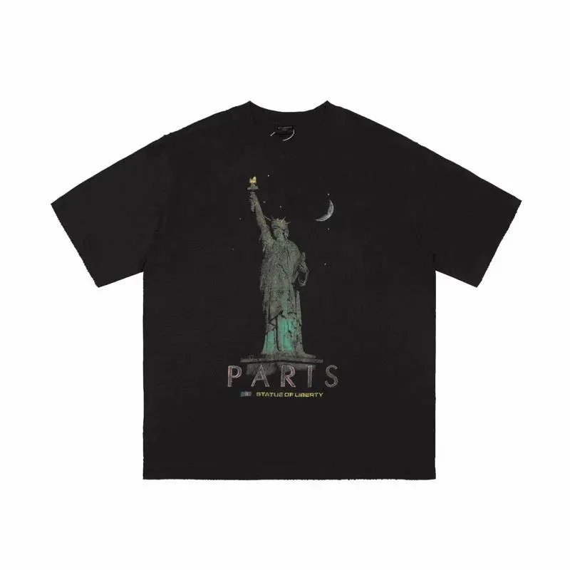 Black T-Shirt with Statue of Liberty and Paris Print