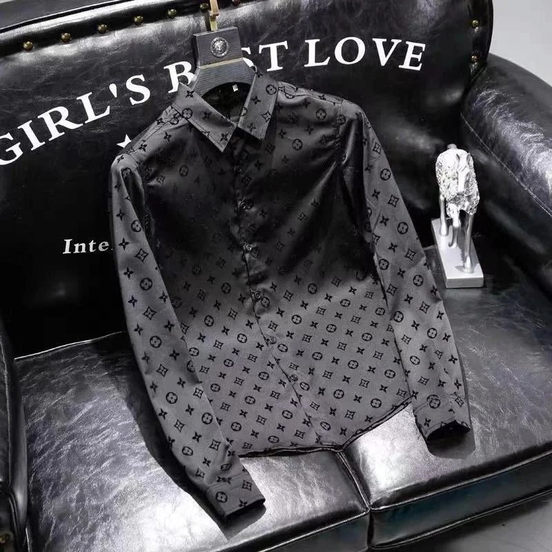 Luxury Monogram Pattern Black Silk Shirt for Men