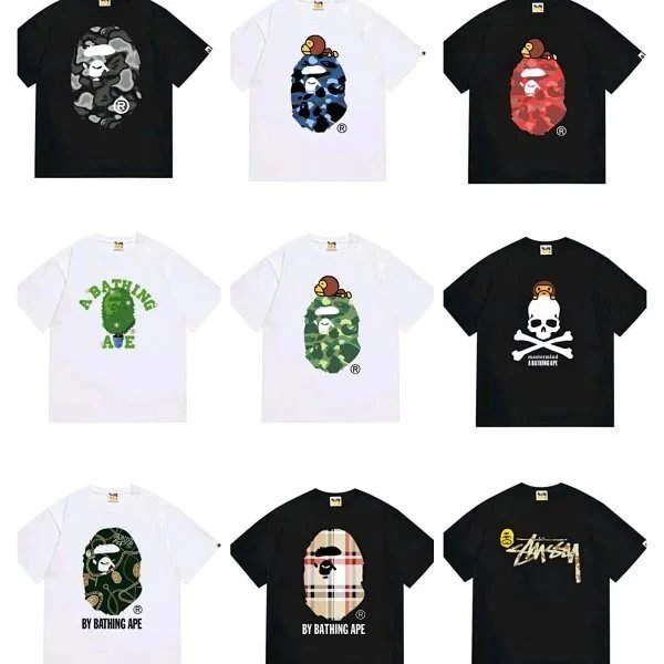 A Bathing Ape T-Shirts with猿人Head Logo and Camouflage Design