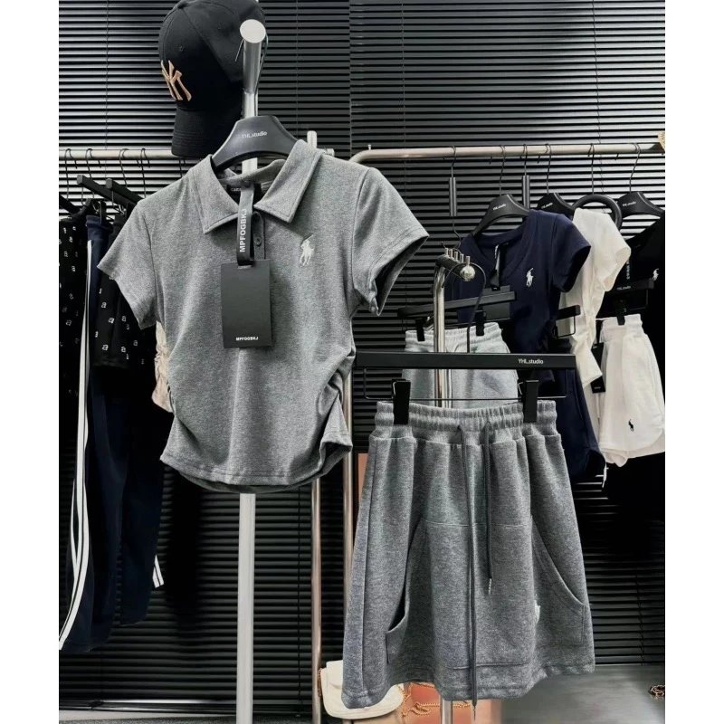 Gray Polo Shirt and Sweat Shorts Set for Women