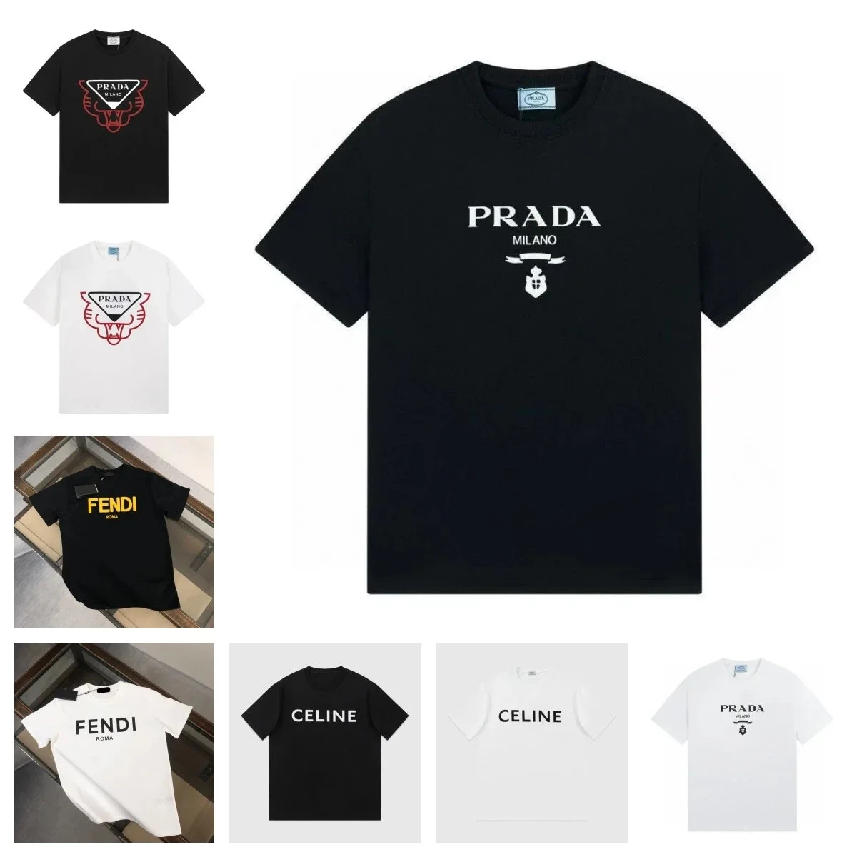 Prada Milano Logo T-Shirt Black White Men's Fashion Casual Top