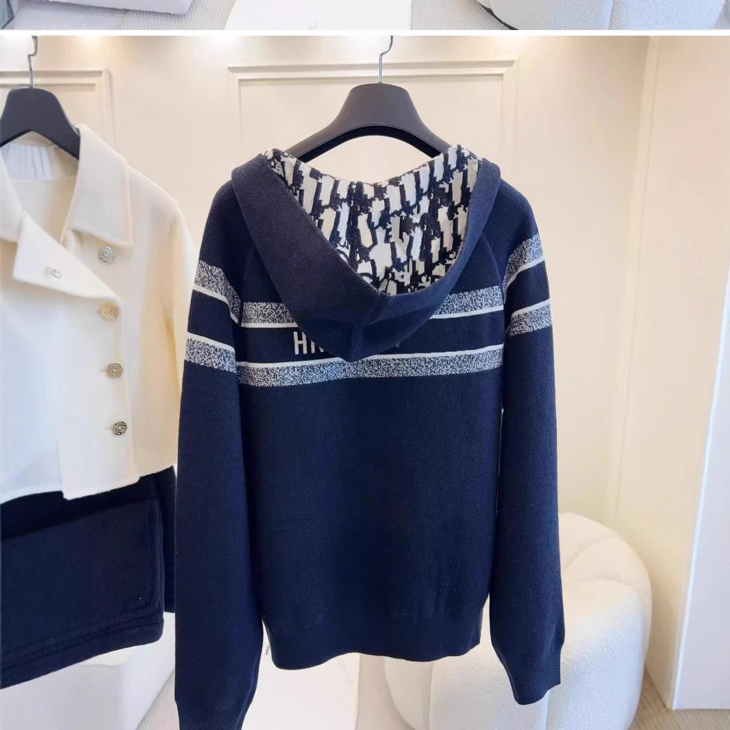 Hooded Knit Sweater with Striped Pattern and Logo