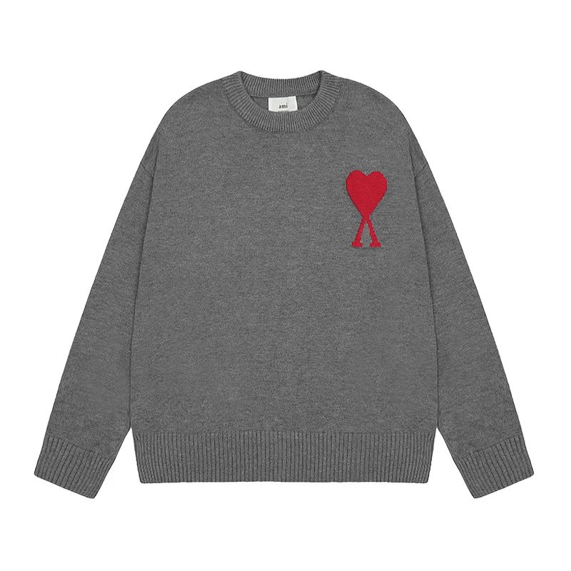 Gray Knit Sweater with Red Heart Logo
