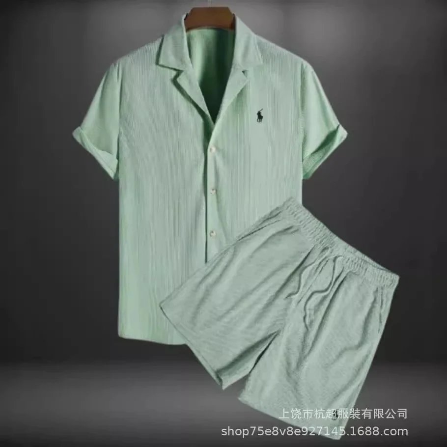 Mens Green Striped Cotton Pajama Set Short Sleeve Shirt and Shorts