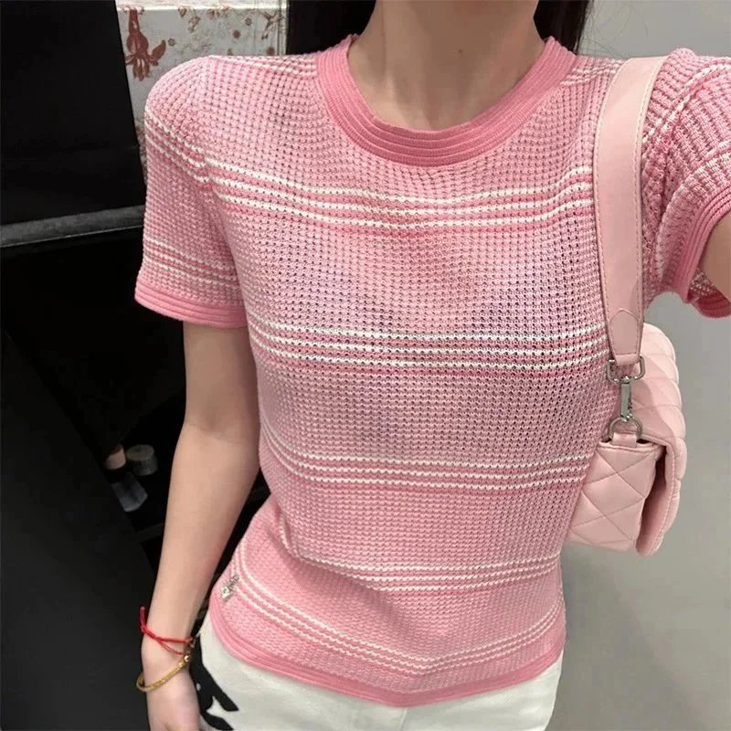 Pink Knit Short Sleeve Top Women's Fashion Striped Sweater T-Shirt