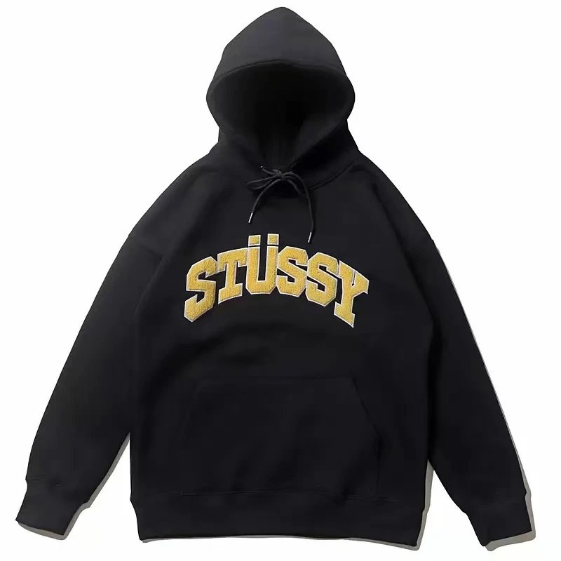 Stussy Black Hoodie with Gold Logo Embroidery